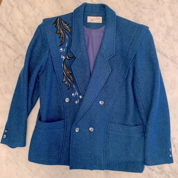 Vintage Fly Over cobalt tweed skirt suit with embroidery and rhinestones size 9 - Picture 7 of 15